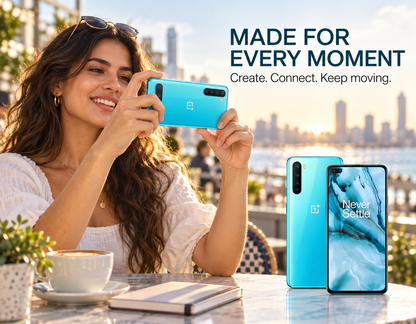 OnePlus Nord 5G phone in hand with teal back and blue marble front display