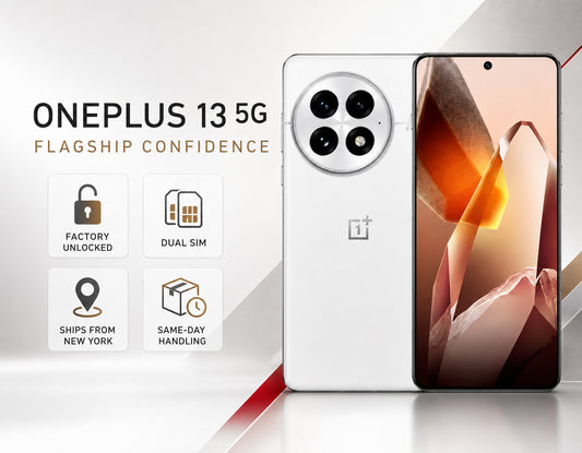 OnePlus 13 5G Unlocked Dual SIM smartphone, front and back view with quad rear cameras