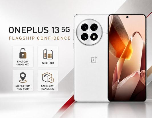 OnePlus 13 5G Unlocked Dual SIM smartphone, front and back view with quad rear cameras