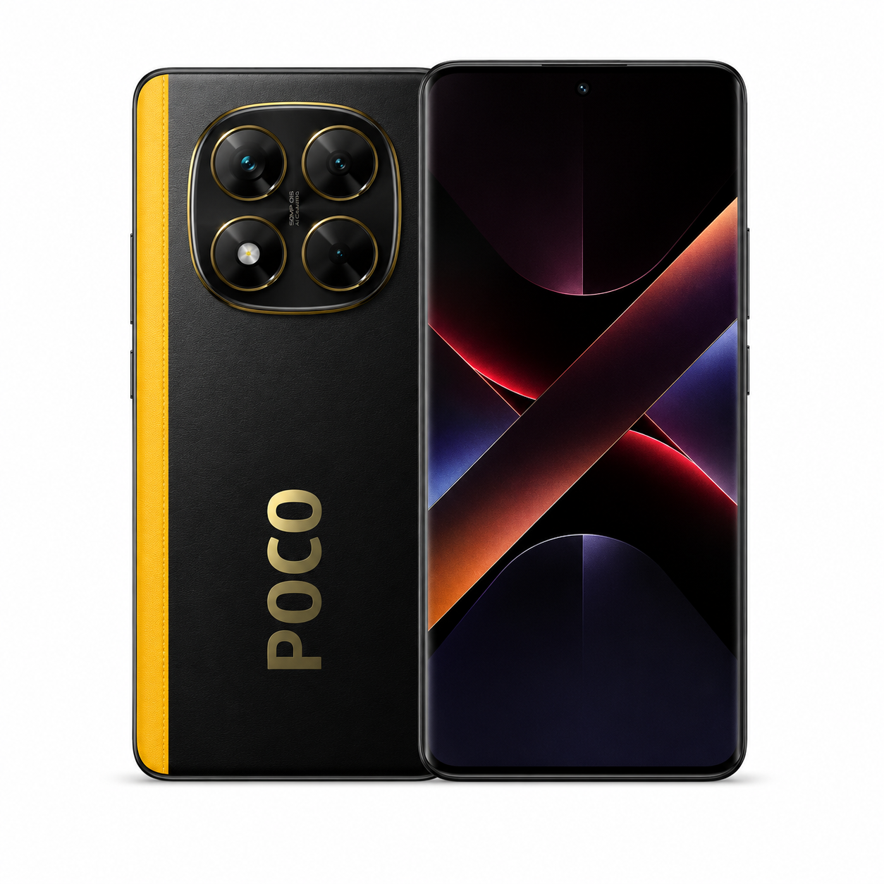 Xiaomi Poco X7 5G Unlocked smartphone with gold-trim back and front display, black body