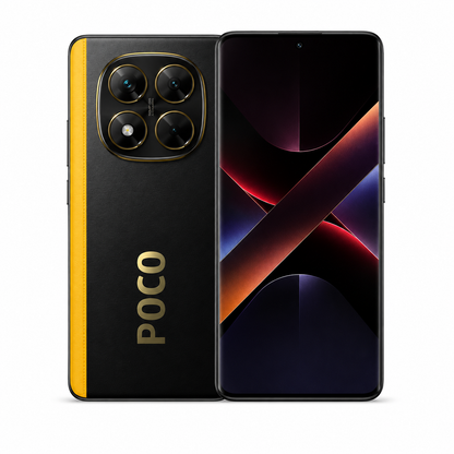 Xiaomi Poco X7 5G Unlocked smartphone with gold-trim back and front display, black body