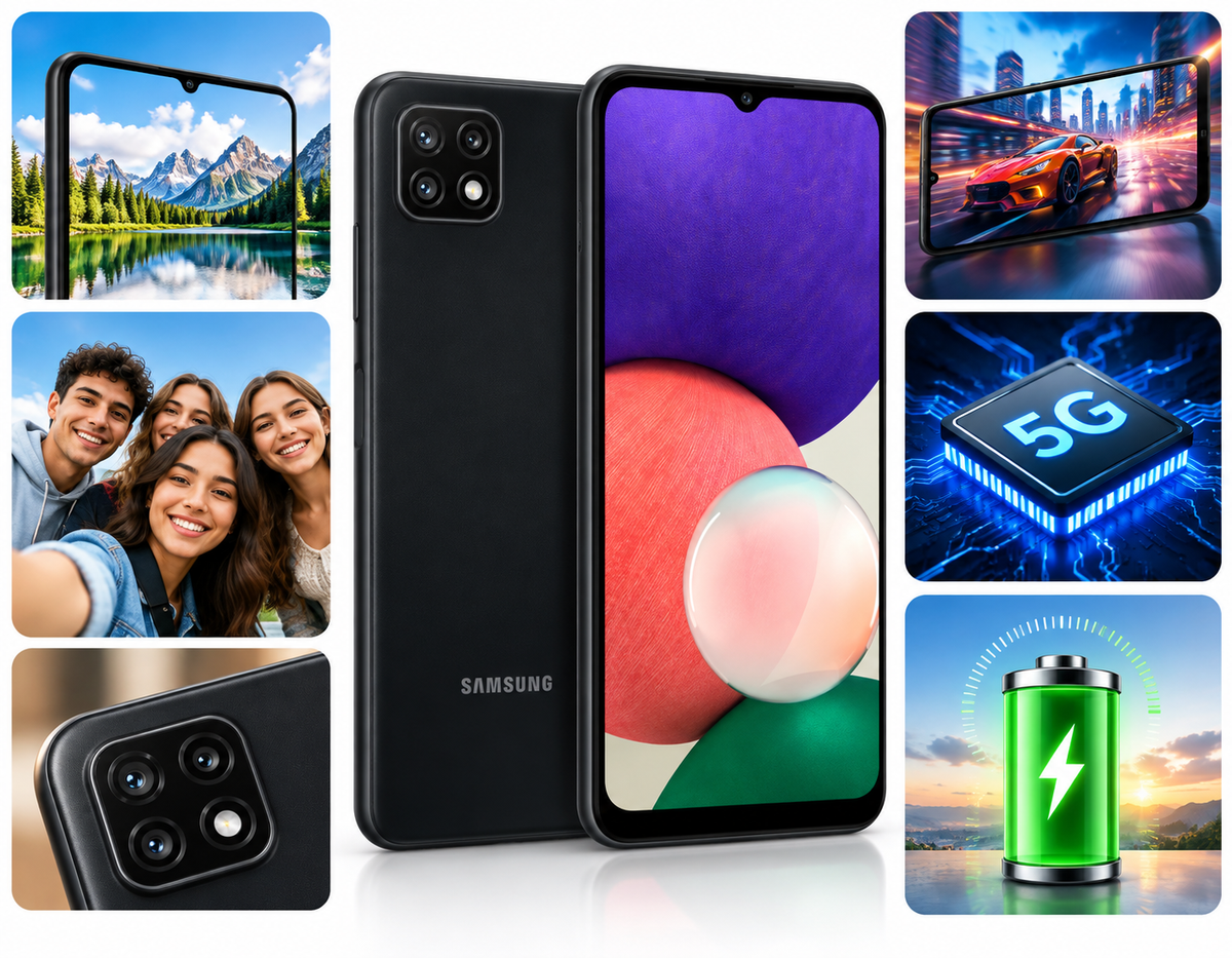 Samsung Galaxy A22 5G Gray Samsung smartphone showing front display and back triple-camera array
