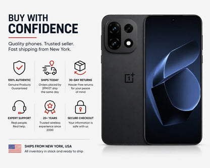 OnePlus 15 5G Black OnePlus smartphone front and back, dual camera module visible on rear