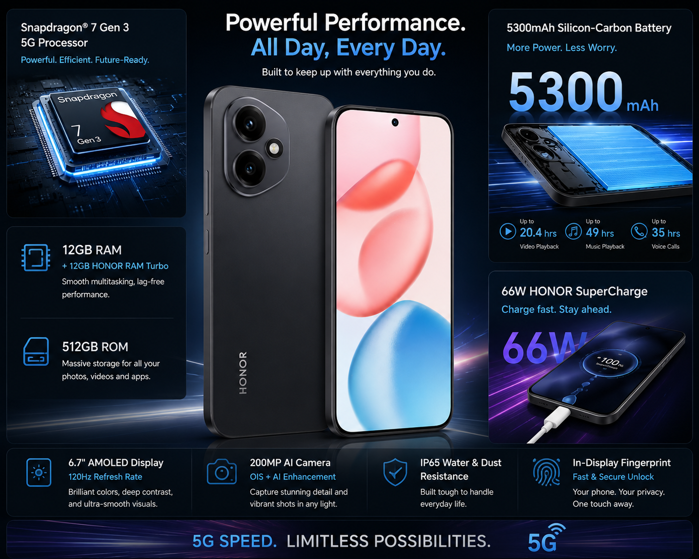 Black Honor 400 5G smartphone with dual rear cameras and colorful screen