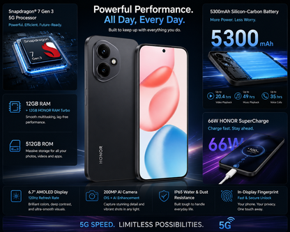 Black Honor 400 5G smartphone with dual rear cameras and colorful screen