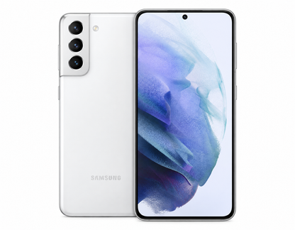 Samsung S21 5G Phantom White Samsung smartphone with rear triple cameras and front screen