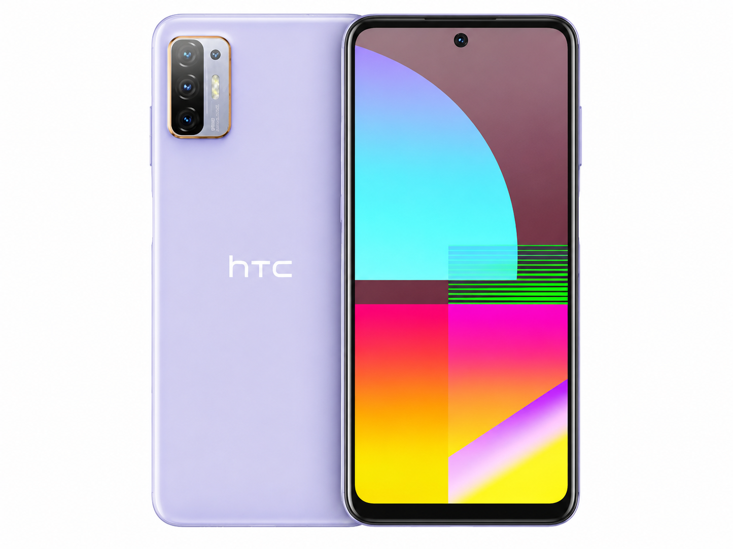 HTC Desire 21 Pro 5G  Lavender purple smartphone close-up showing rear cameras and front display