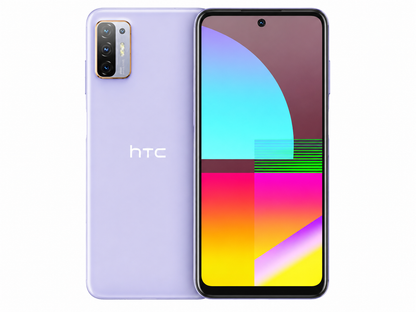HTC Desire 21 Pro 5G  Lavender purple smartphone close-up showing rear cameras and front display