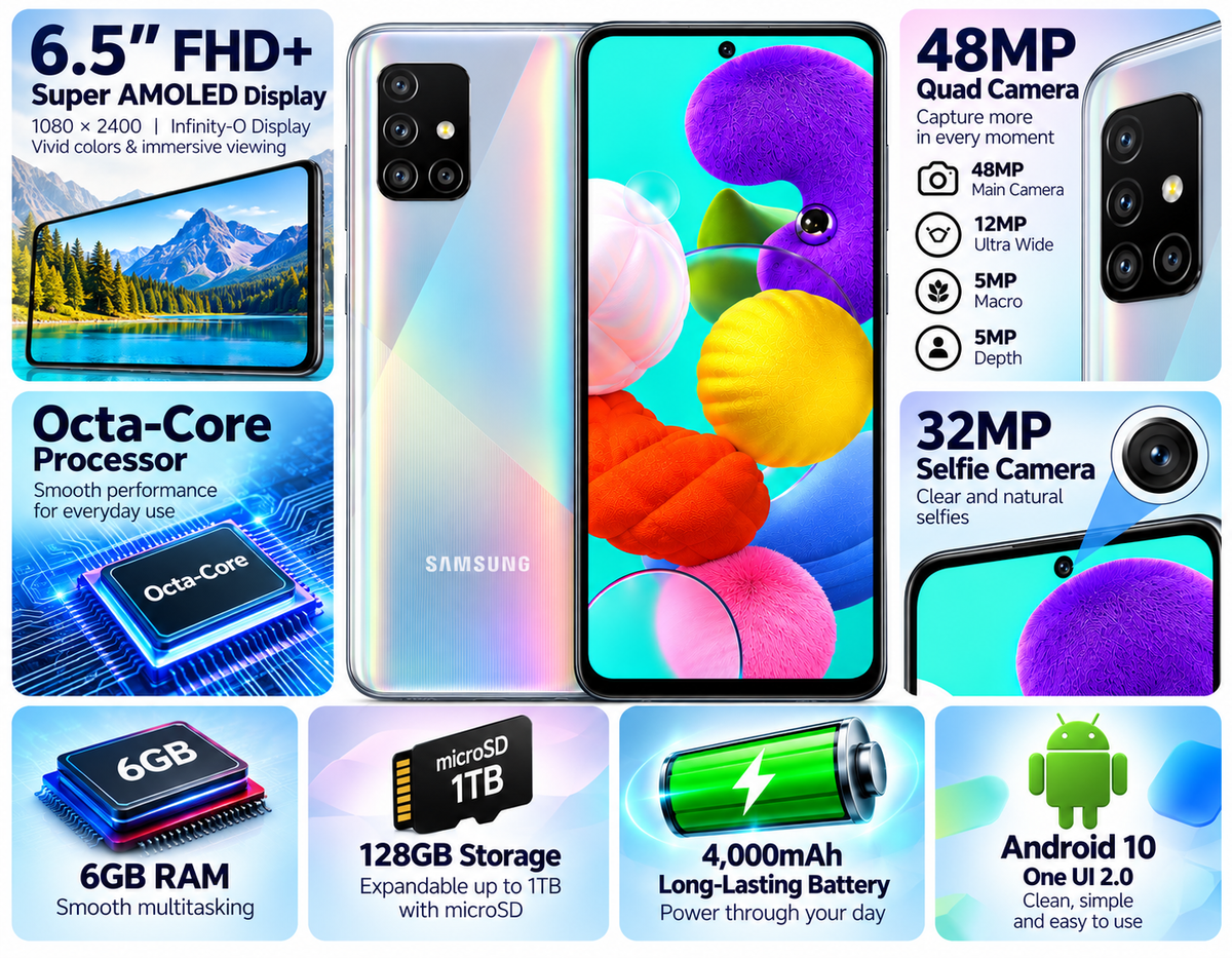 Samsung Galaxy A51 prism silver smartphone close-up with front screen and rear quad camera