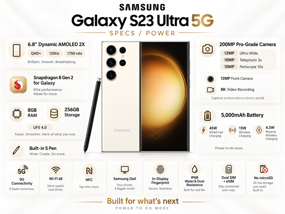 Samsung Galaxy S23 Ultra 5G Cream Samsung smartphone with four rear cameras, display lit, 8GB RAM shown