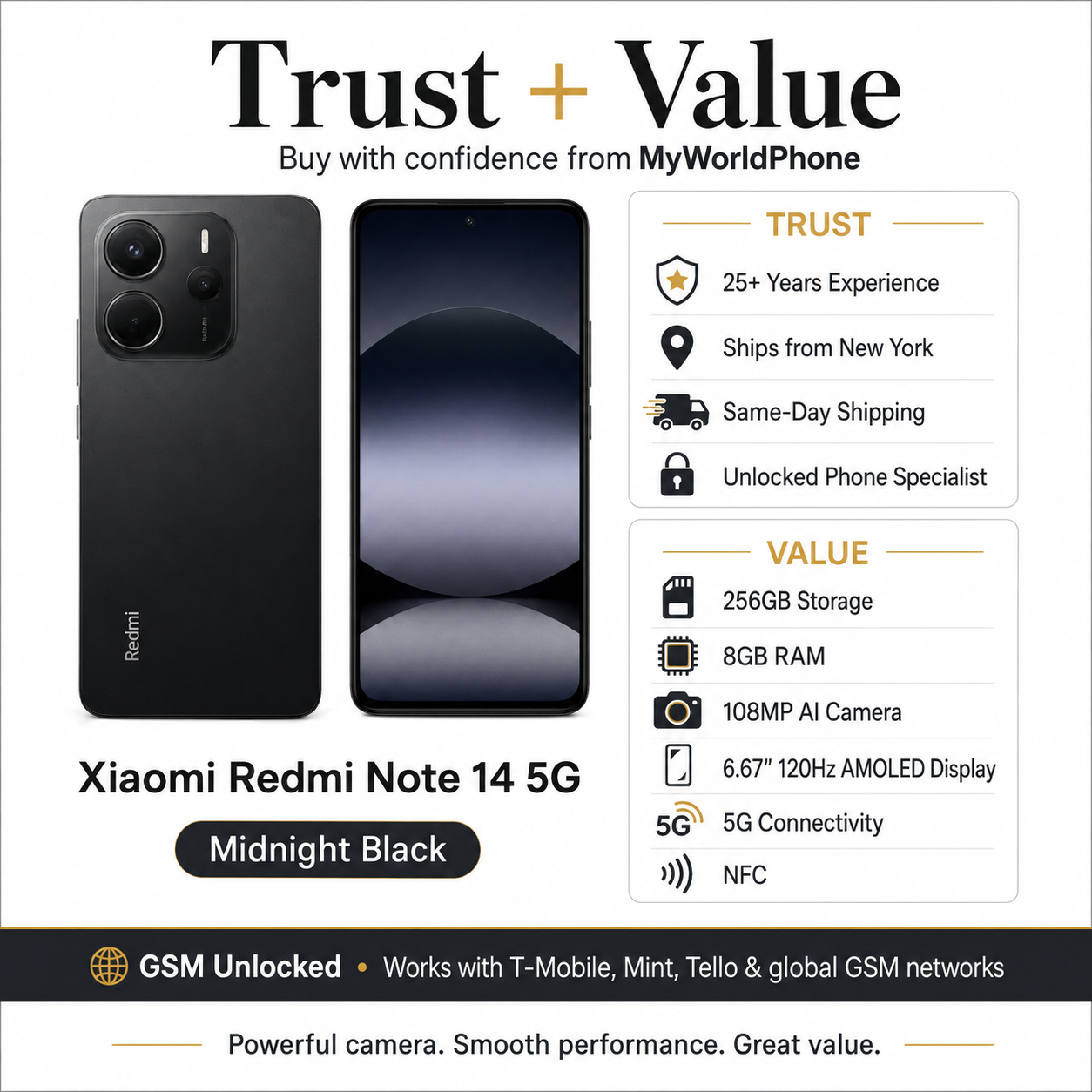 Xiaomi Redmi Note 14 5G 256GB ROM 8GB RAM Dual Sim GSM Unlocked - Midnight Black