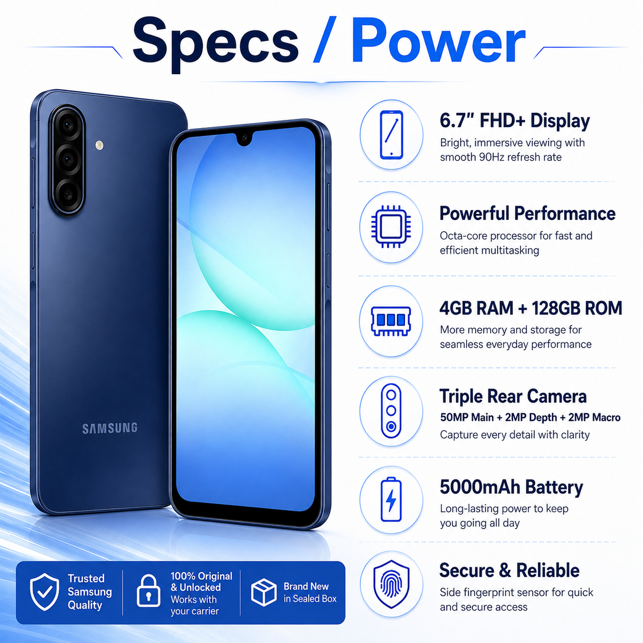 Samsung Galaxy A17 4G  Blue Samsung Galaxy smartphone with front and back views, dual cameras
