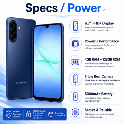 Samsung Galaxy A17 4G  Blue Samsung Galaxy smartphone with front and back views, dual cameras