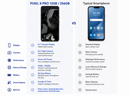 Google Pixel 8 Pro spec comparison graphic with phone showing display and camera