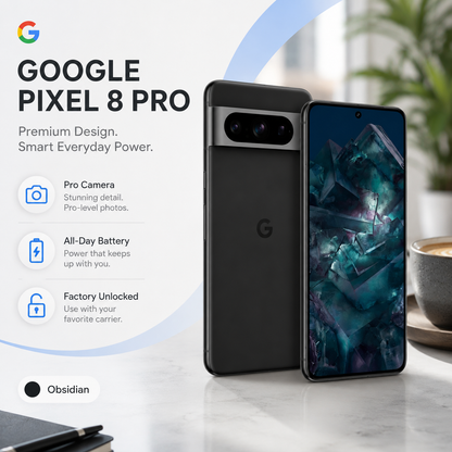 Google Pixel 8 Pro phone in Obsidian with front display and rear camera, on desk