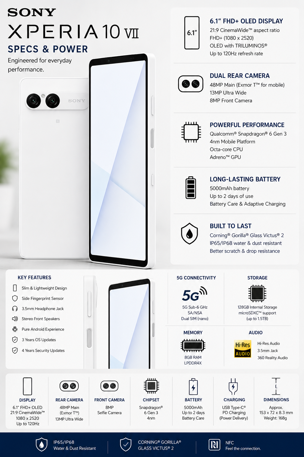 Sony Xperia 10 VII XQ-FE72 5G White phone, slim front view with side buttons