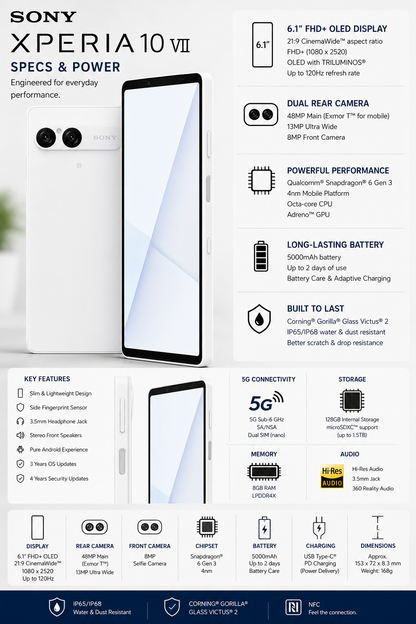 Sony Xperia 10 VII XQ-FE72 5G White phone, slim front view with side buttons