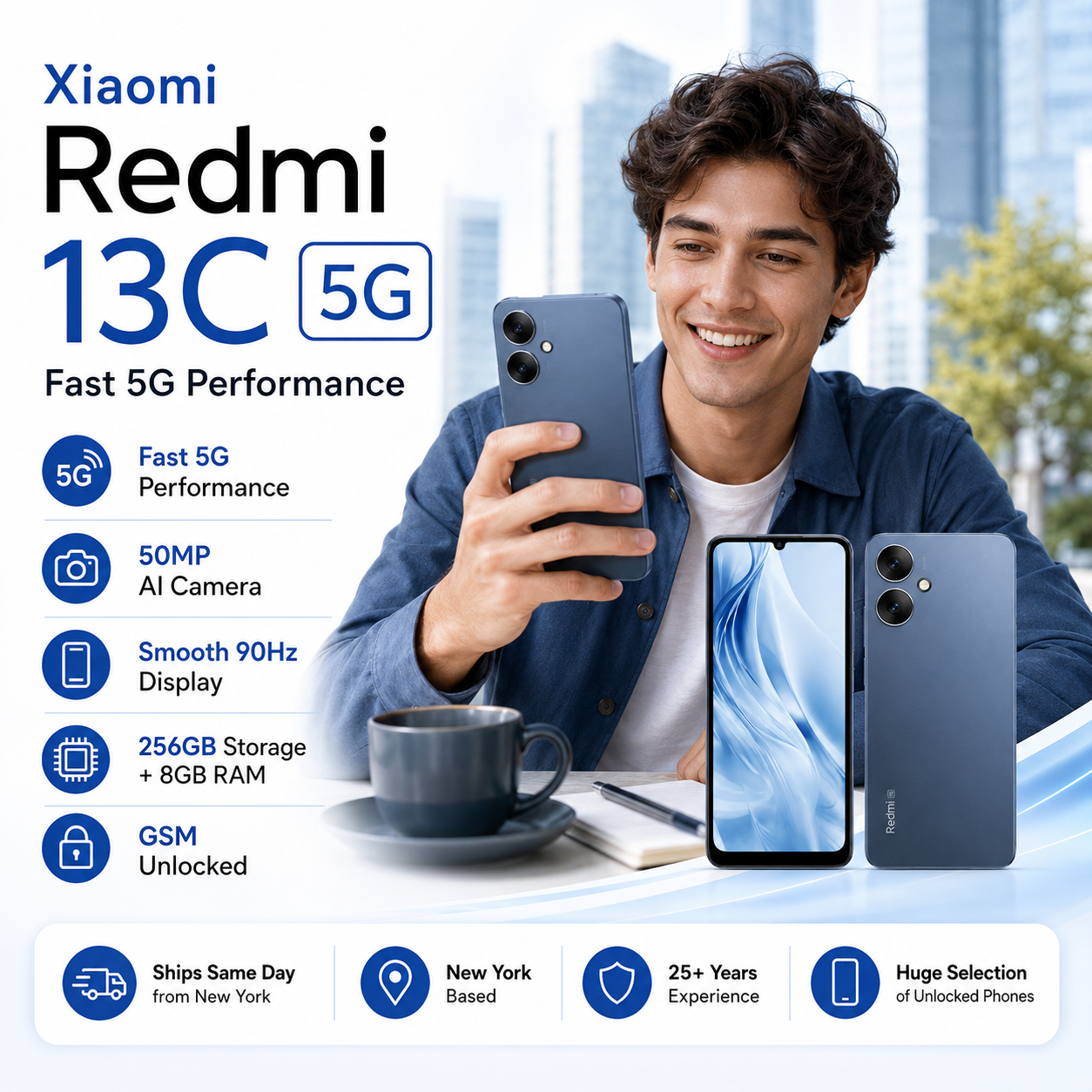Xiaomi Redmi 13C 5G 256GB ROM 8GB RAM Dual SIM GSM Unlocked - Blue
