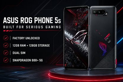 Black ASUS ROG Phone 5S smartphone, front and back on stand in promo layout