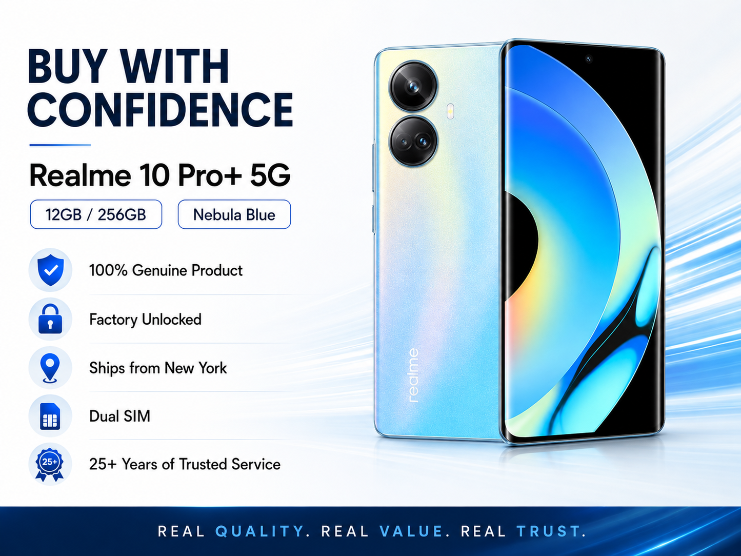 Realme 10 Pro+ 5G Blue smartphone front and back with dual cameras, featuring a curved screen