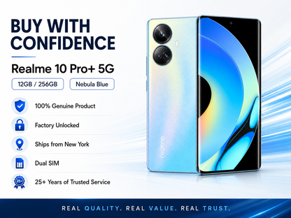 Realme 10 Pro+ 5G Blue smartphone front and back with dual cameras, featuring a curved screen
