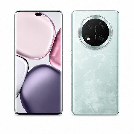 Jade cyan Honor smartphone with dual cameras, front and back view