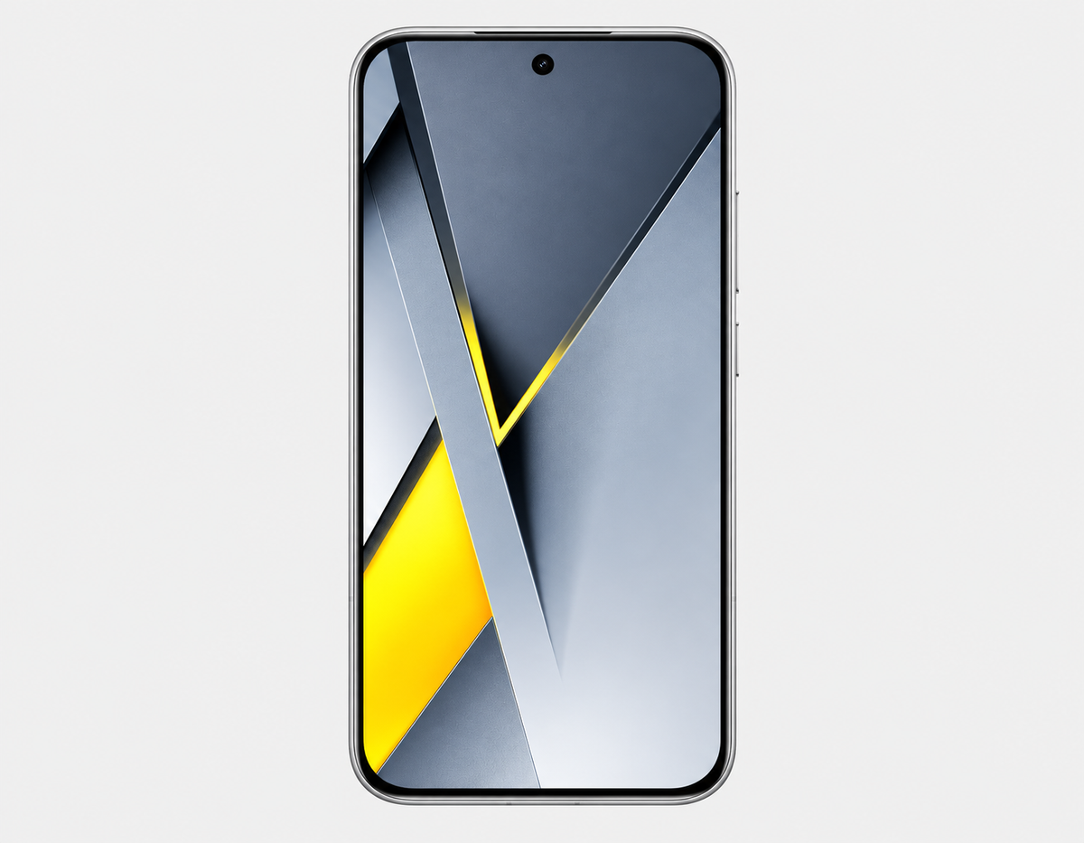 Xiaomi Poco F8 Pro 5G Black-front smartphone with V-shaped yellow and blue display design