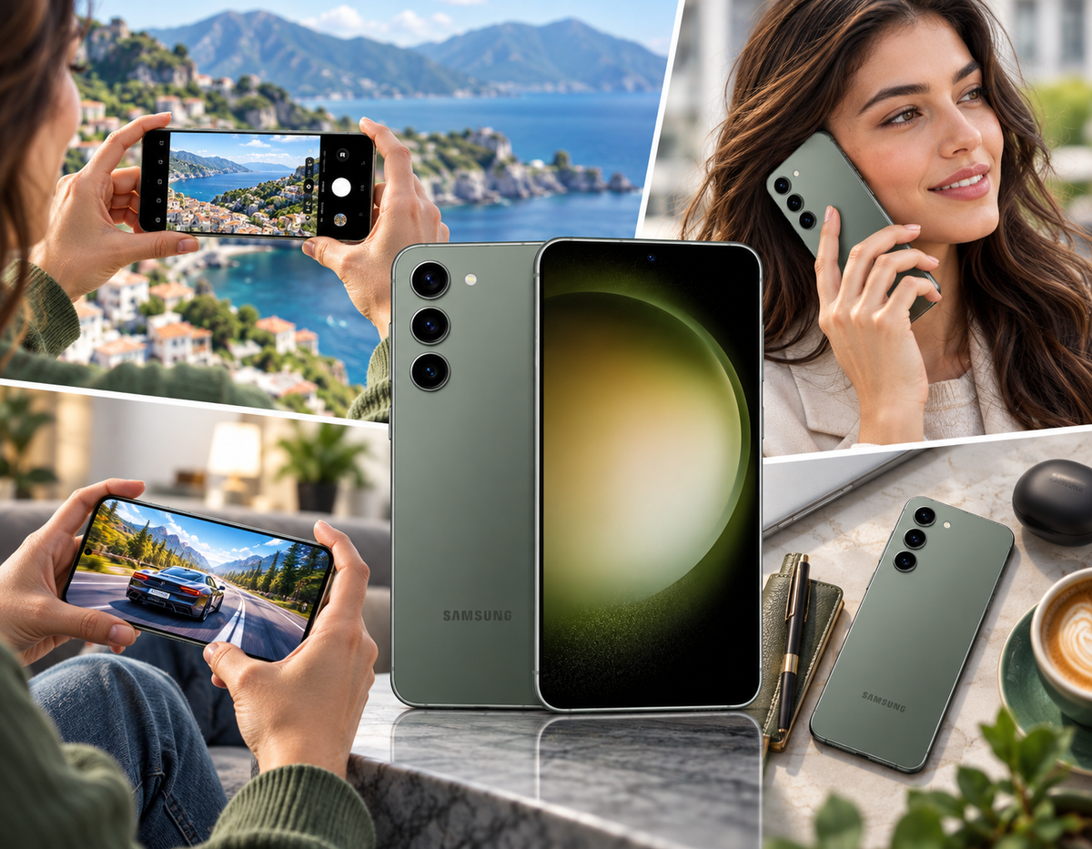 Samsung Galaxy S23 5G Green Samsung smartphone in use, shown held in hands and with a rear camera visible