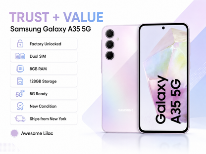 Lilac Samsung Galaxy A35 5G smartphone front and back with dual cameras.