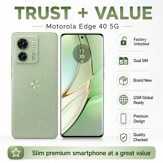 Olive green Motorola Edge 40 5G smartphone with front display and dual rear cameras