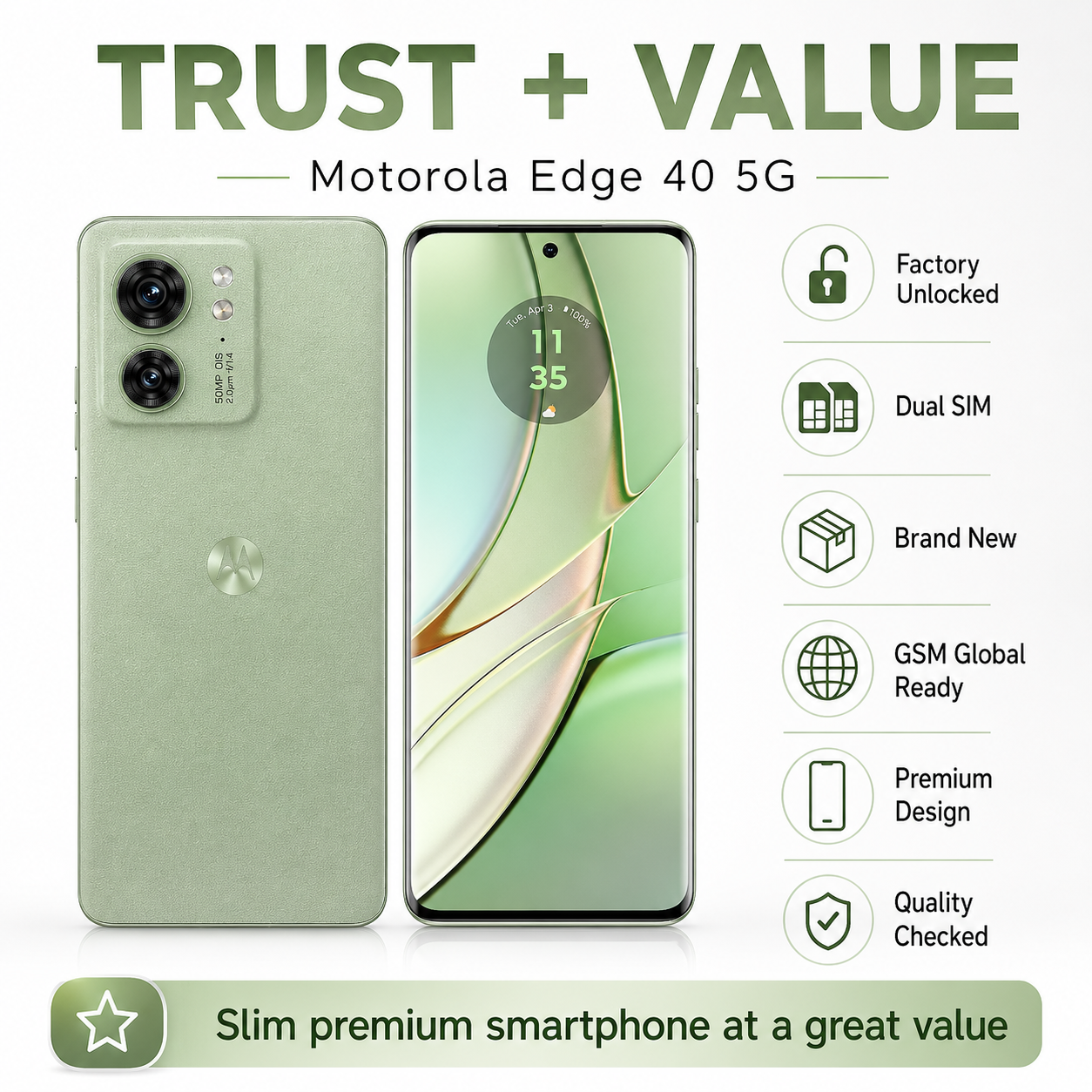 Motorola Edge 40 5G 256GB 8GB RAM Dual SIM Unlocked - Olive Green