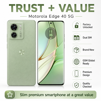 Olive green Motorola Edge 40 5G smartphone with front display and dual rear cameras