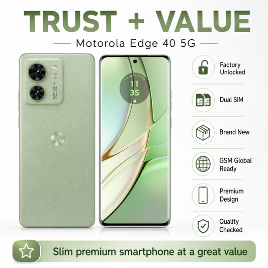 Olive green Motorola Edge 40 5G smartphone with front display and dual rear cameras