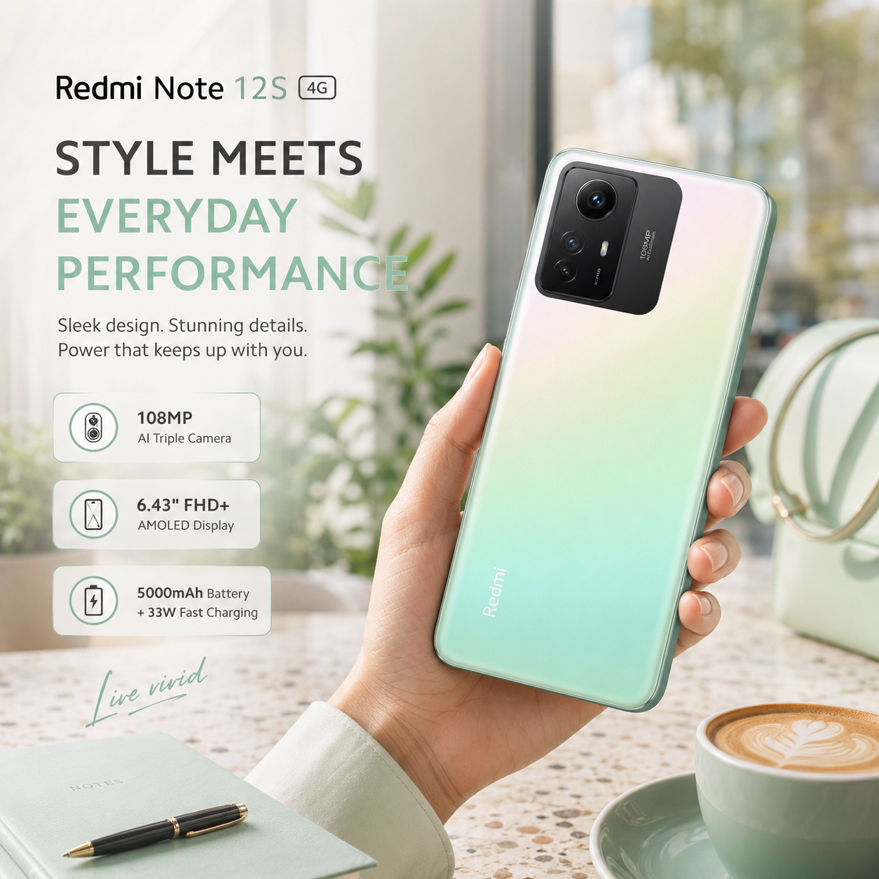 Xiaomi Redmi Note 12s 4G Dual SIM 256GB ROM 8GB RAM GSM Unlocked - Pearl Green