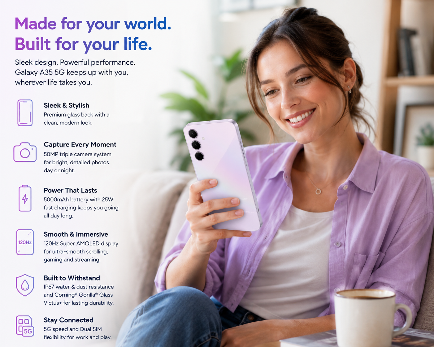 Lilac Samsung Galaxy A35 5G smartphone held in hand, front facing outward.