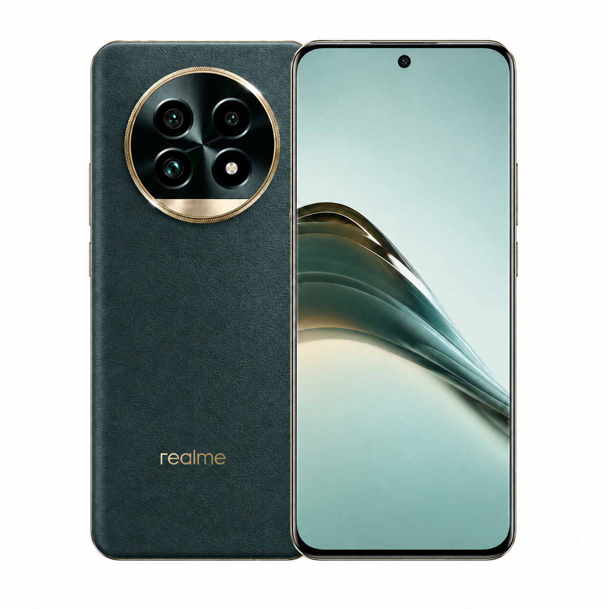 Realme 13 Pro Plus 5G Realme green smartphone showing back quad-camera module and front display