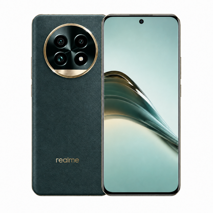 Realme 13 Pro Plus 5G Realme green smartphone showing back quad-camera module and front display
