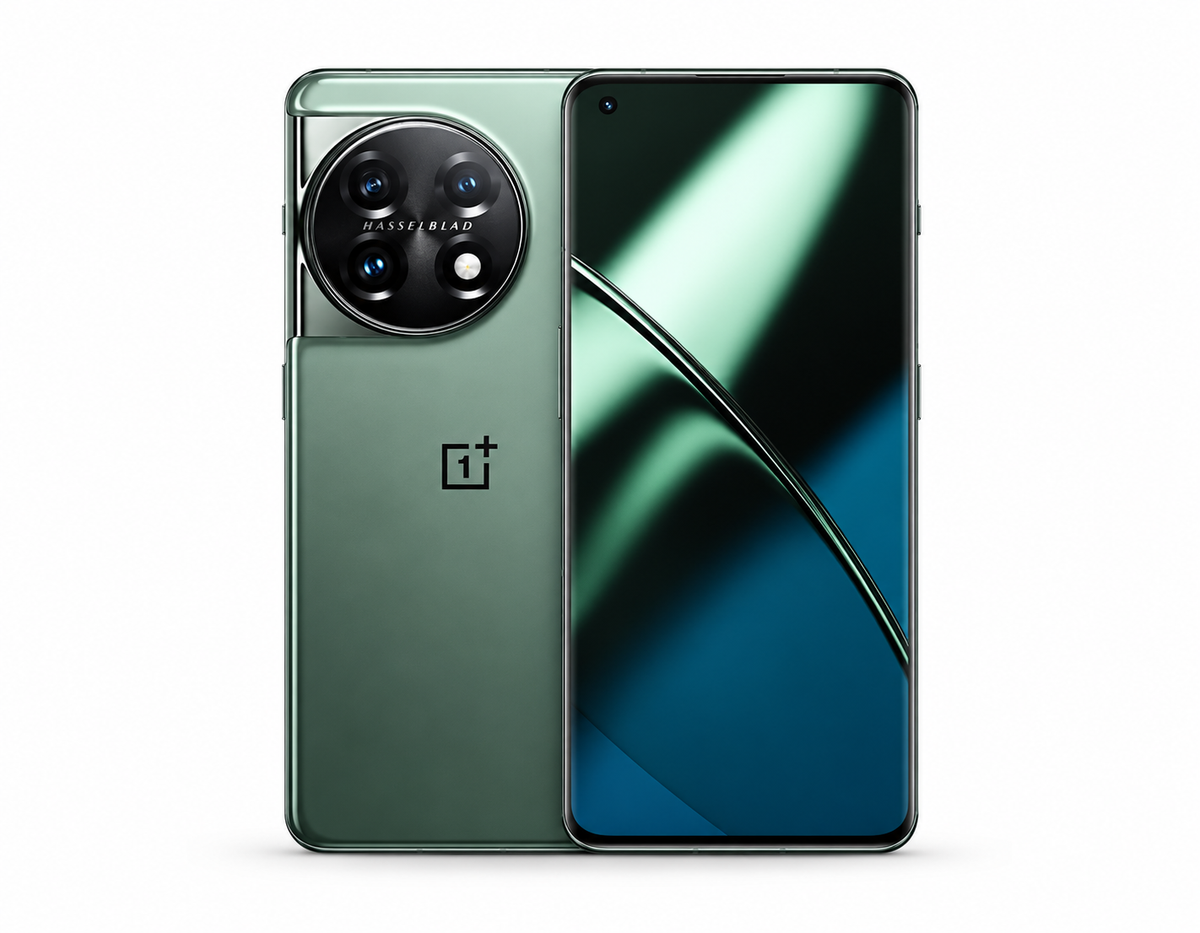 ONEPLUS 11 5G Green smartphone shown front and back, with triple rear camera and curved display.