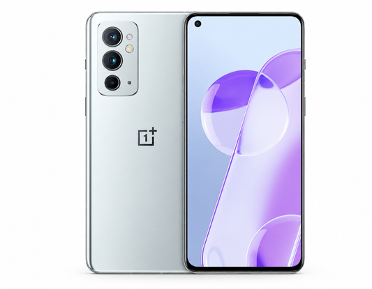 Silver OnePlus 9RT 5G smartphone with triple rear cameras and front display.