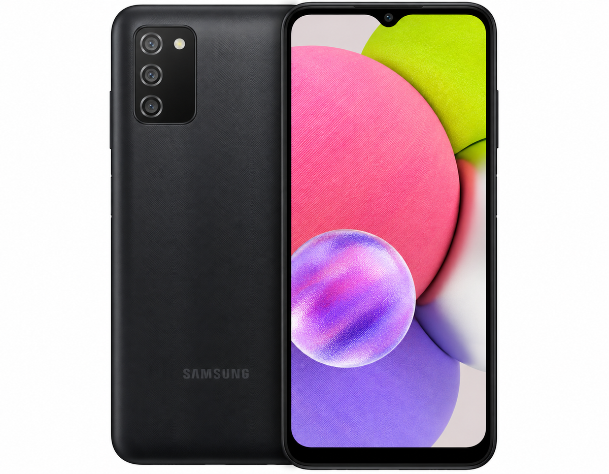 Black Samsung Galaxy A03s smartphone front and rear view