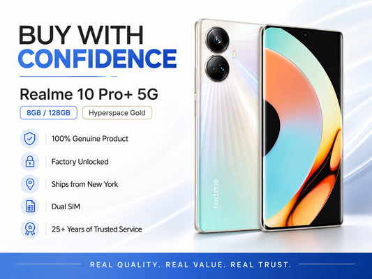 Gold Realme 10 Pro+ 5G smartphone shown front and back on a promotional layout