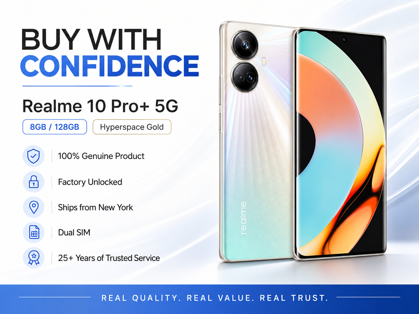 Gold Realme 10 Pro+ 5G smartphone shown front and back on a promotional layout