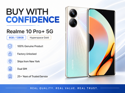 Gold Realme 10 Pro+ 5G smartphone shown front and back on a promotional layout