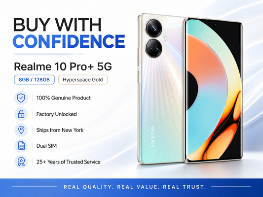 Gold Realme 10 Pro+ 5G smartphone shown front and back on a promotional layout