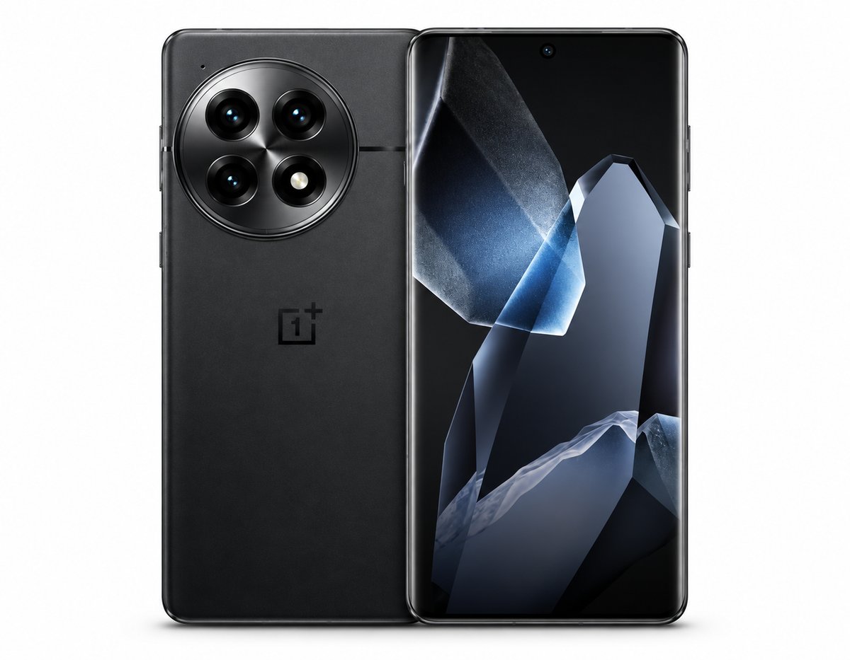 Black OnePlus 13 5G dual SIM smartphone, front and back view with triple camera