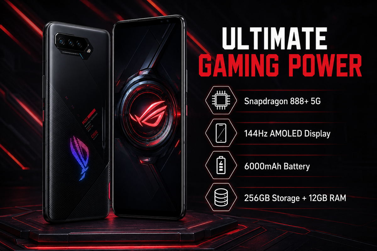 Asus ROG Phone 5S  Black gaming smartphone with rear logo, camera module, and front display visible