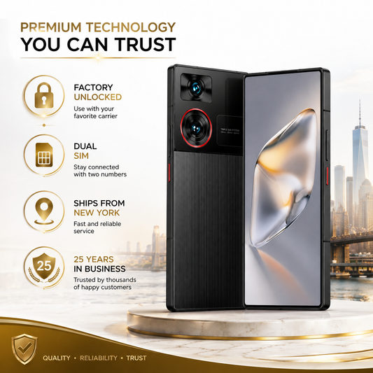 Nubia Z60 Ultra 5G  Black dual-SIM smartphone front and back open view on stand