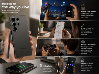 SAMSUNG Galaxy S24 Ultra phone in hand, Titanium Black back with quad camera module