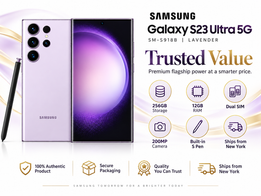 Lavender Samsung Galaxy S23 Ultra 5G smartphone with stylus and front display visible