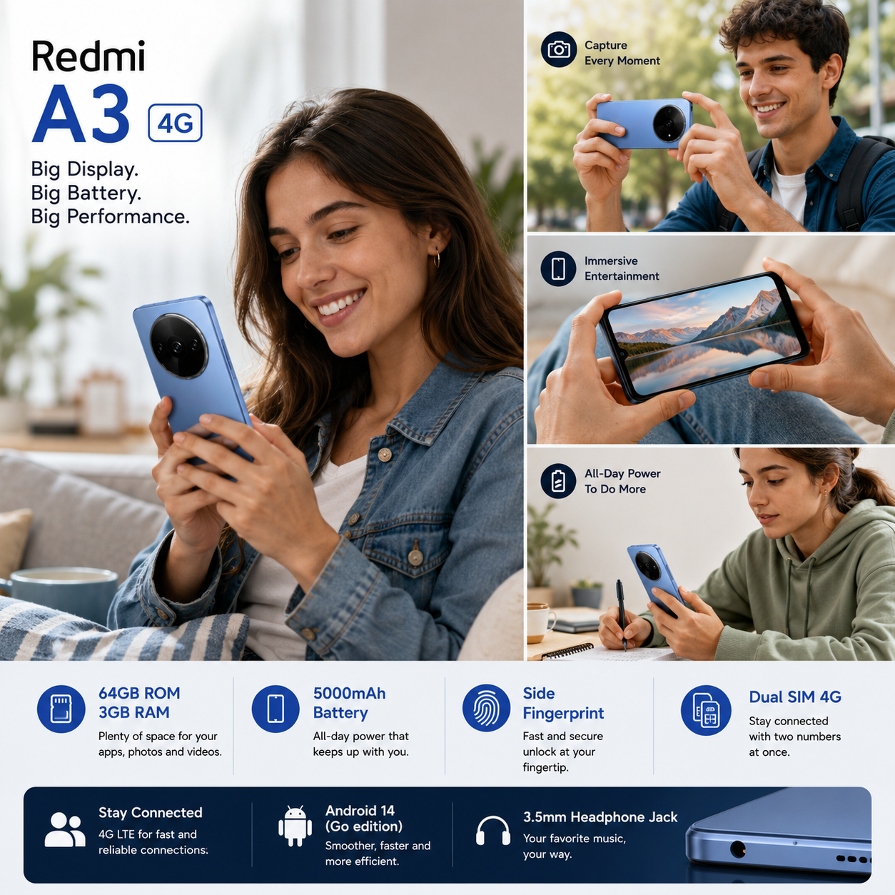 Xiaomi Redmi A3 4G 64GB ROM 3GB RAM Dual SIM GSM Unlocked - Blue